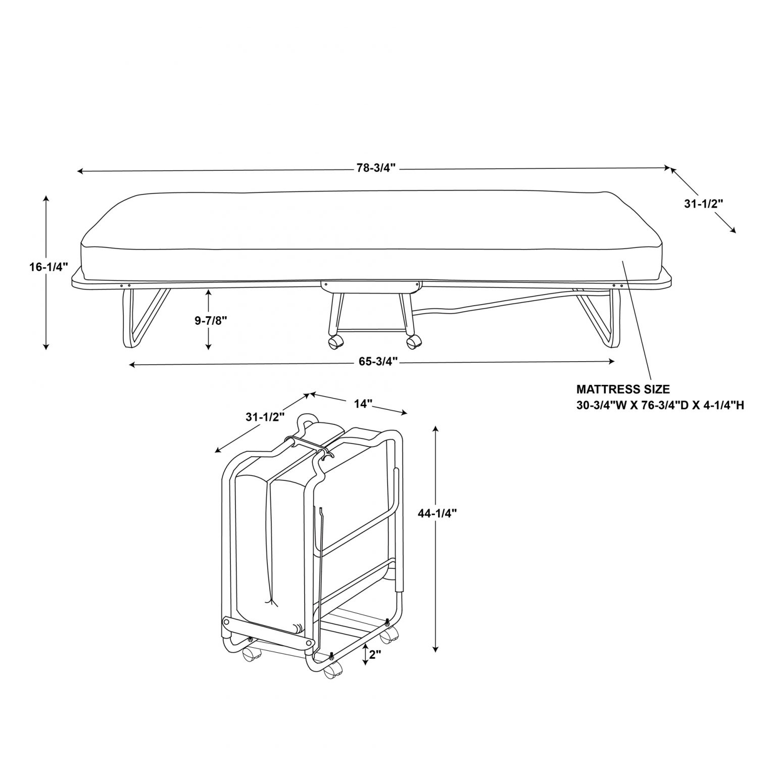 Linon Luxor Folding Rollaway CotSized Bed with 4.5″ Memory Foam