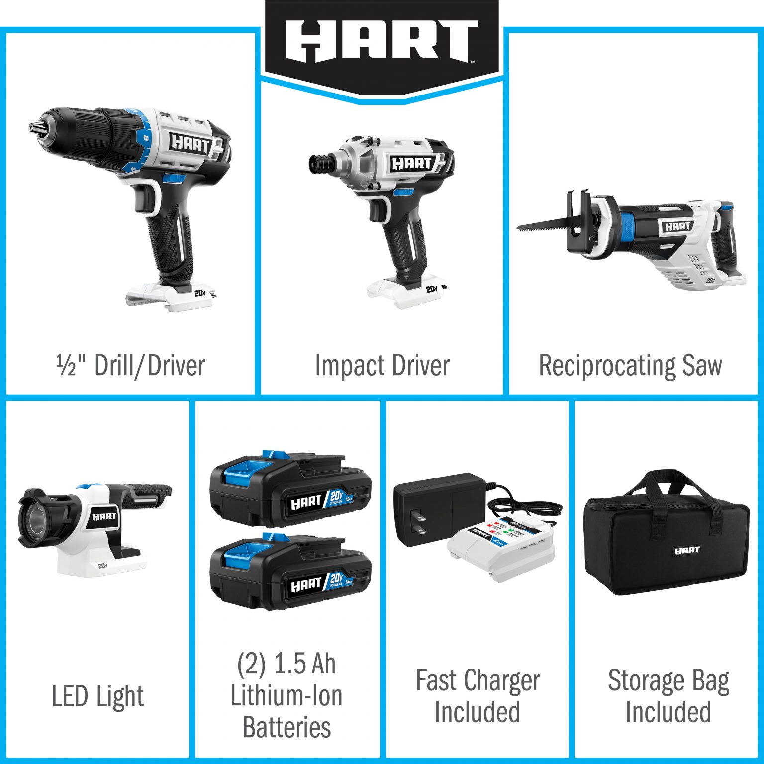 HART 20Volt Cordless 4Tool Combo Kit (2) 1.5Ah LithiumIon Batteries and 16inch Storage Bag
