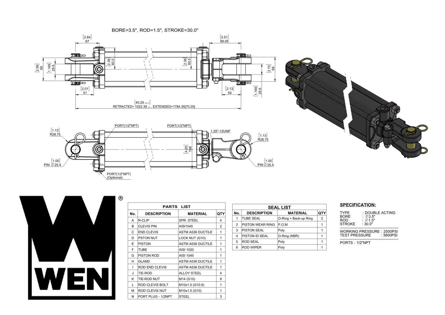 Wen 2500 Psi Tie Rod Hydraulic Cylinder With 35 In Bore And 30 In Stroke Awzhome The Best 5017