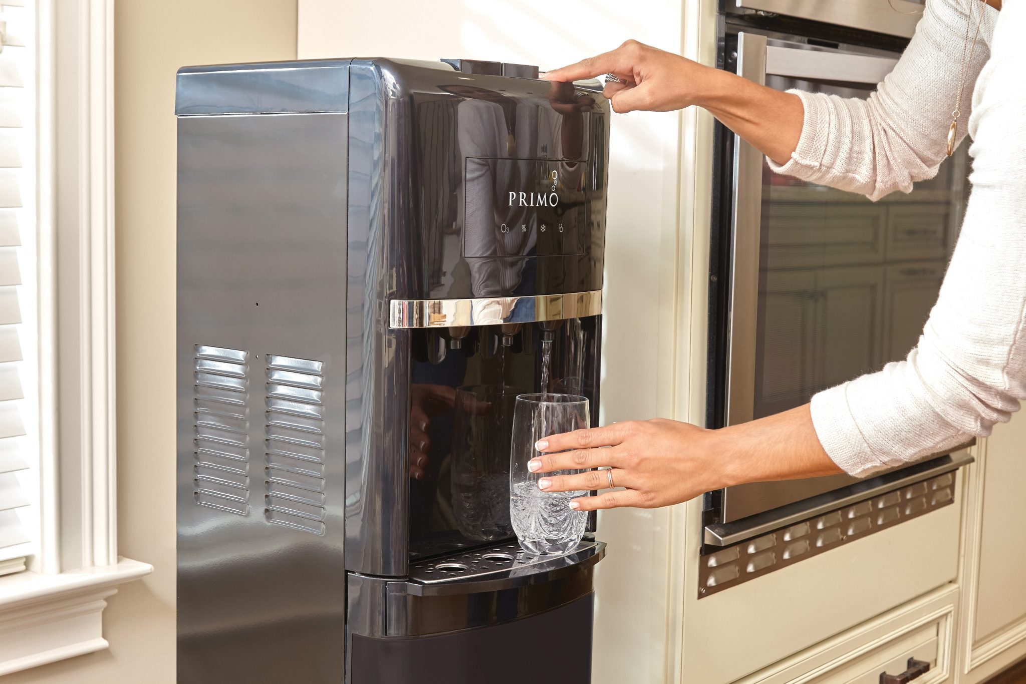 Primo Deluxe Bottom Loading Hot and Cold Water Dispenser with SelfSanitization, Black + Black